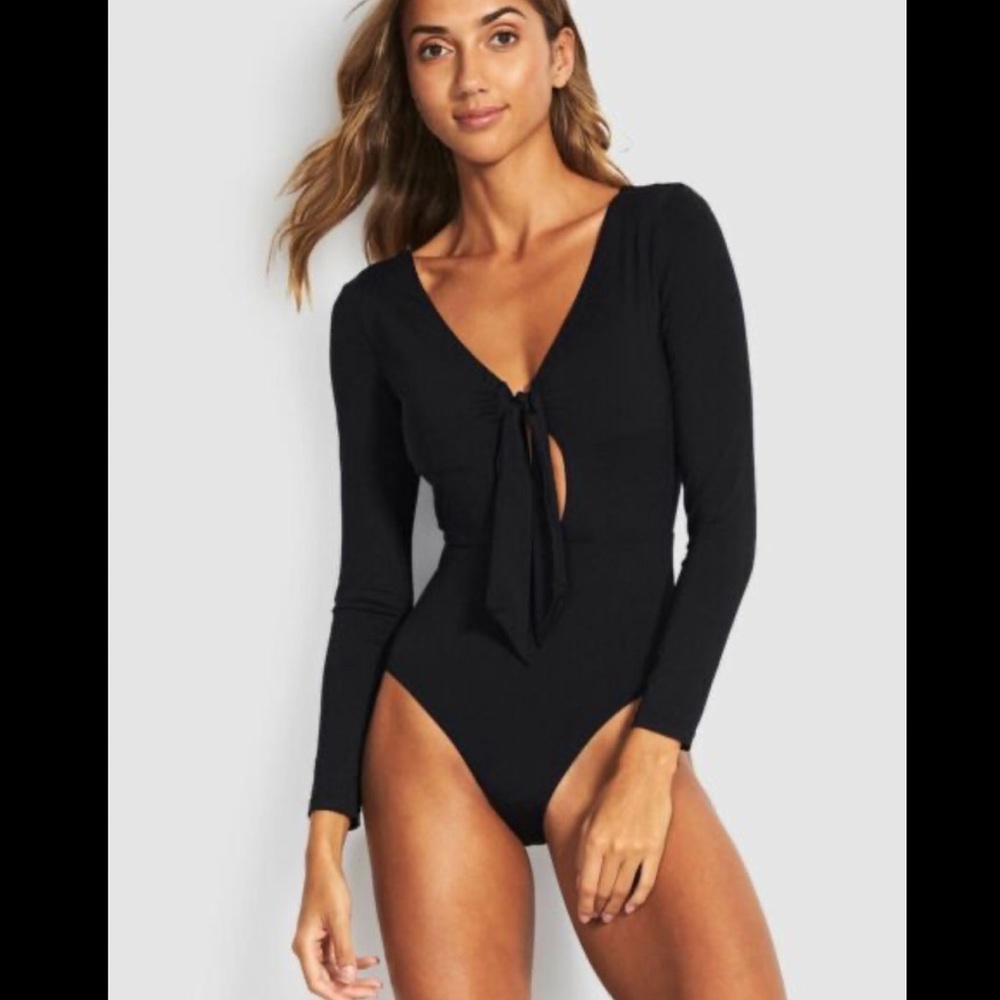 NEW seafolly splendour long sleeve one piece black swimsuit tie front plunge - Picture 4 of 10